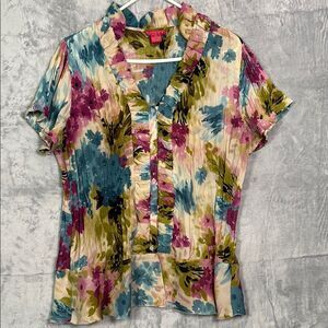 Sunny Leigh Woman Pleated Crinkle Floral Button Front Blouse Top Size 0X